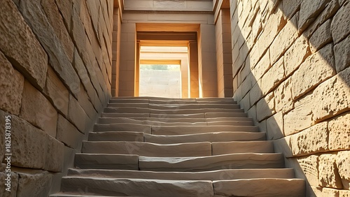 asgard. Ancient temple entrance with worn stone steps in soft afternoon light. event programs, museum guides, designed for cultural heritage projects and event programs.