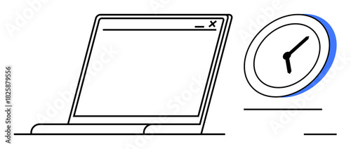 Laptop with open browser window next to a simple clock suggesting time planning. Ideal for productivity, time management, remote work, deadline tracking, efficiency, project planning, work-life