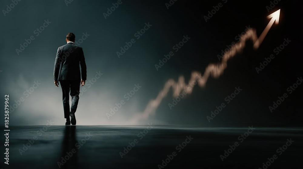 Fototapeta premium businessman in dark suit walks away from viewer toward brightly illuminated rising arrow graph displaying upward success