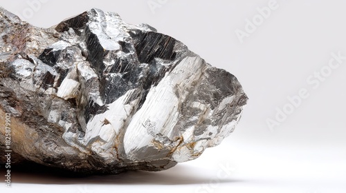 Large rough metallic mineral specimen exhibiting strong silver luster and distinct cleavage planes against  plain light background