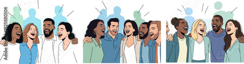 Diverse group of friends laughing and celebrating together, capturing moments of joy and connection