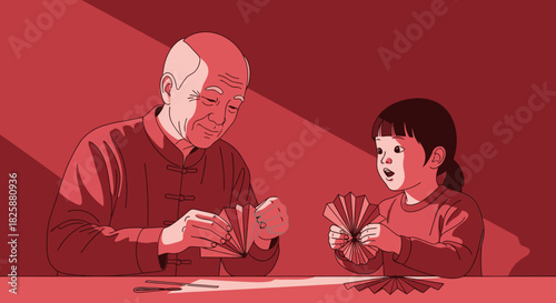 A wise grandfather teaches his attentive granddaughter the art of paper folding, fostering creativity and connection during a heartwarming intergenerational activity.