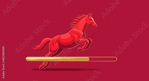 A vibrant red horse leaps dynamically over a golden progress bar, symbolizing rapid advancement, speed, and efficient digital performance.