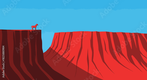A small animal stands precariously on a vast red cliff overlooking a deep canyon under a clear blue sky, illustrating nature's grandeur.