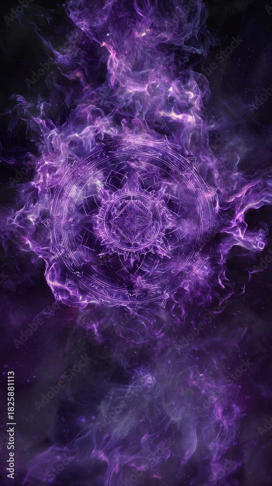 Obraz premium Mystical purple nebula flames engulfing magical seal, cosmic fantasy vertical background radiating arcane energy for dramatic visual storytelling