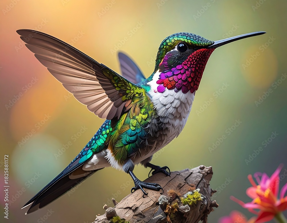 Fototapeta premium Colorful hummingbird perched on a branch, wings outstretched, vibrant background