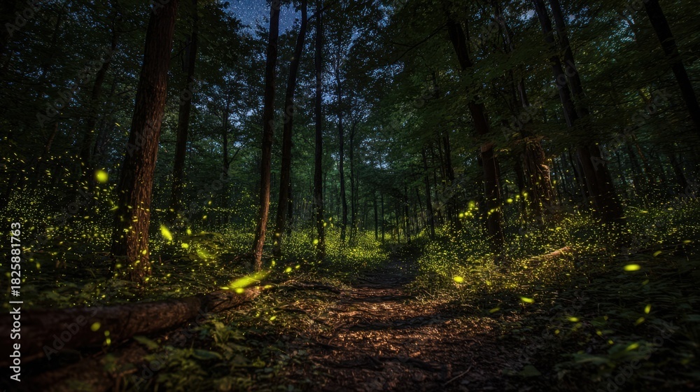 Obraz premium A tranquil forest path is illuminated by countless fireflies as dusk settles in. Tall trees surround the area creating a magical atmosphere filled with soft lights.