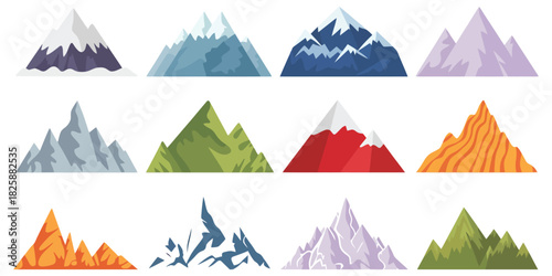 Rock Mountain Relief With Snowy Cliffs And Rugged Hills, Isolated Rocky Peaks And Cartoon Canyon Silhouettes Designed As Scenic Nature Elements For Hiking And Outdoor Themes, Clean Vector Illustration