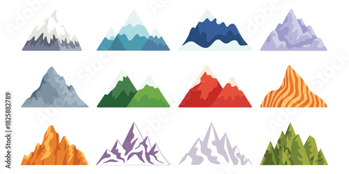 Rock Mountain Relief With Snowy Cliffs And Rugged Hills, Isolated Rocky Peaks And Cartoon Canyon Silhouettes Designed As Scenic Nature Elements For Hiking And Outdoor Themes, Clean Vector Illustration