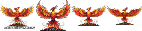 Fiery Phoenix Illustration Series Majestic Mythical Bird in Various Stages of Rebirth
