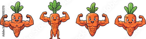 Strong and Healthy Cartoon Carrot Characters Flexing, Demonstrating Fitness and Nutrition Concepts