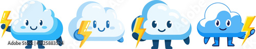 Four cute cartoon clouds holding lightning bolts, representing weather phenomena and energy, with friendly faces and anthropomorphic features