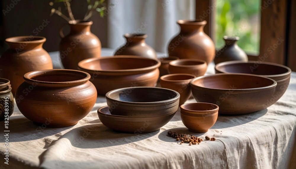 Fototapeta premium Rustic Earthenware Pottery Collection in Sunlit Room
