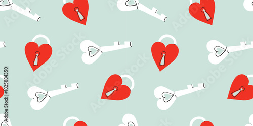 Seamless pattern with Romantic keys and locks for Valentine's day, mint background. Key, lock, heart. 8 March, Mother's day, Valentine's Day background. Textile, wrapping paper, email banner, fabric.