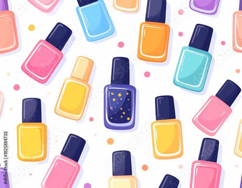 Colorful seamless pattern of various nail polish bottles in a cute cartoon style on a white background with dots.
