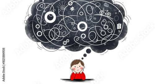 A cartoon child with a large, dark thought bubble above their head, filled with abstract lines, circles, and various ideas, representing complex thoughts or brainstorming.