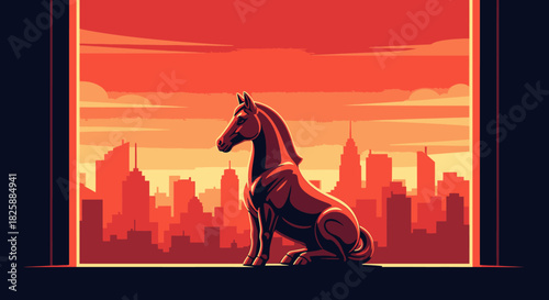 A stylized illustration showcases a horse statue overlooking a city skyline with a vibrant sunset casting a warm glow.