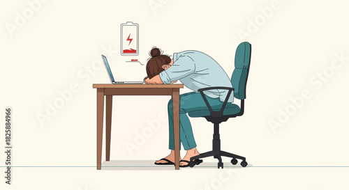 A woman is exhausted, resting her head on a desk in front of a laptop, with a low battery icon.