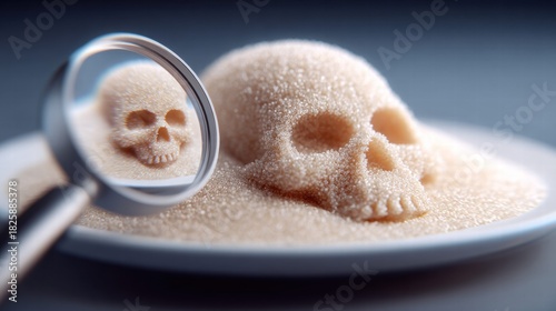 A sugar skull with a magnifying glass, symbolizing health and harmful sweets.