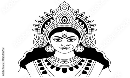 Goddess Durga face black and white line art, Hindu deity portrait with third eye, detailed traditional Indian vector illustration, spiritual and cultural symbol