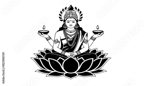 Goddess Lakshmi seated on lotus black and white line art, multi-armed Hindu deity holding diyas, vector illustration for Diwali festival, wealth and prosperity symbol