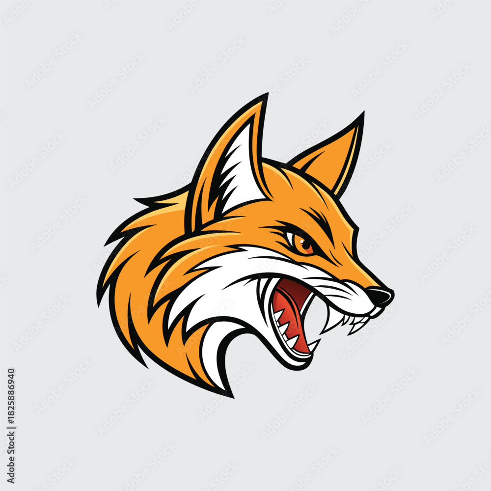 Obraz premium Profile View of Cartoon Style Angry Fox Head Vector Illustration Mascot Style for Sport Team Character with Detailed Orange Fur and Fierce Expression Isolated on Plain Background