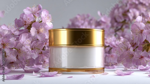 Cream jar with pink cherry blossoms