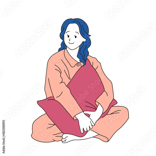 パジャマ姿の女性がクッションを抱えて座り、穏やかにリラックスしておうち時間を過ごす様子を描いたライフスタイルイラスト