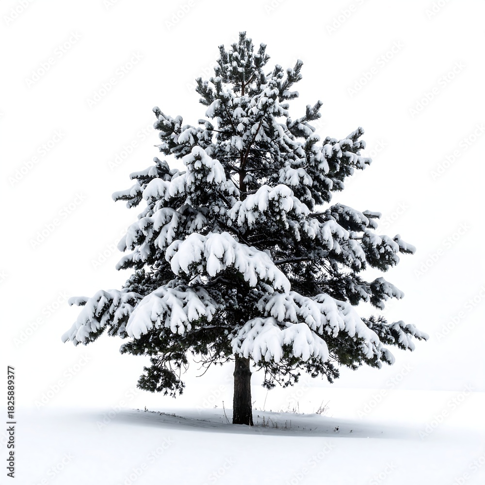 Obraz premium Evergreen tree, heavily laden with fresh, white snow, against a white backdrop