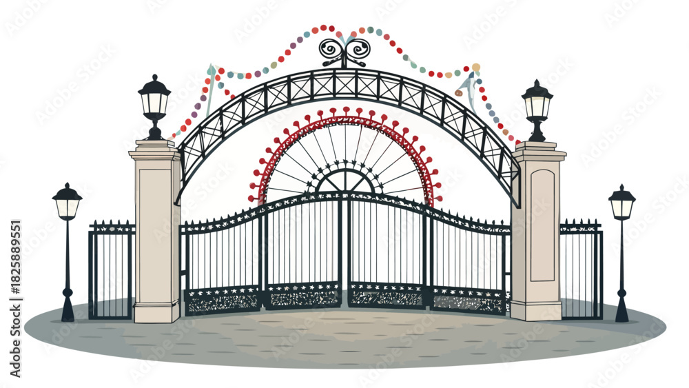 Obraz premium Whimsical entrance gate art welcomes visitors to a magical place, perfect for theme parks, gardens, and festive celebrations, a vintage illustration