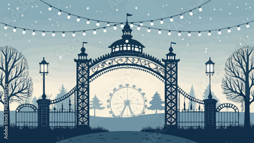 Whimsical winter park scene with glowing lights and a distant Ferris wheel, perfect for holiday cards and seasonal designs with nostalgic charm