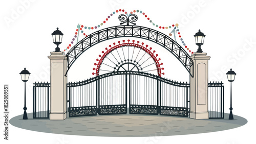 Whimsical entrance gate art welcomes visitors to a magical place, perfect for theme parks, gardens, and festive celebrations, a vintage illustration