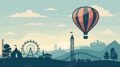 Whimsical amusement park scene with a hot air balloon ride, ferris wheel, and roller coaster promises fun and excitement for all ages, an escapist fantasy