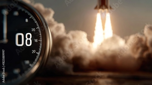 Close up view of  digital timer displaying '08' next to  blurred rocket launch with bright exhaust plumes and smoke