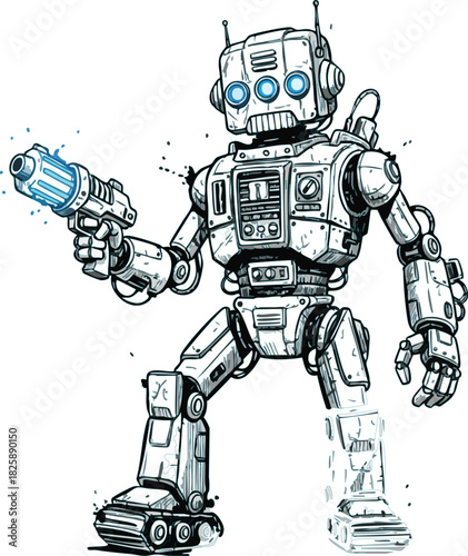 Futuristic humanoid robot with glowing energy weapon and mechanical details vector illustration