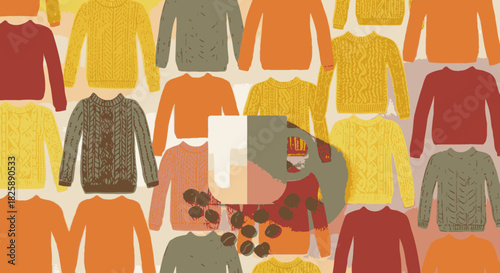 This charming illustration perfectly captures the cozy autumn mood, featuring warm sweaters, a comforting coffee drink, and the smooth rhythm of jazz.