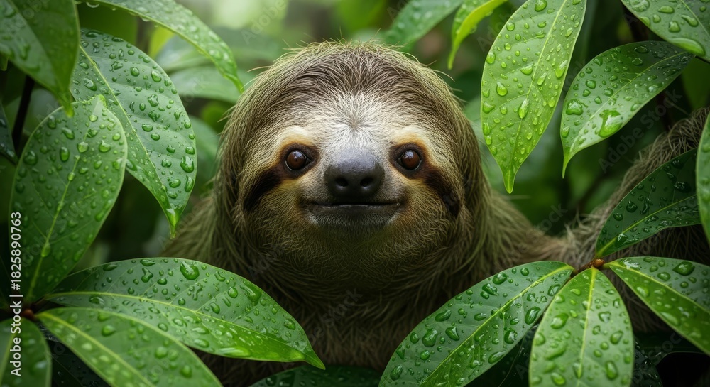 Naklejka premium Cute Sloth Peeking Through Wet Green Leaves