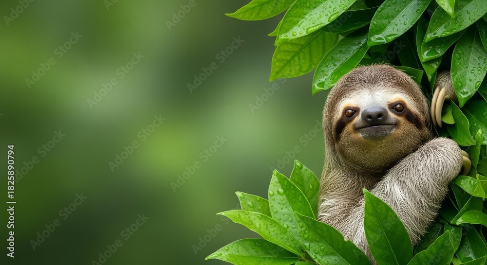 Obraz premium Cute Sloth Peeking from Lush Tropical Leaves