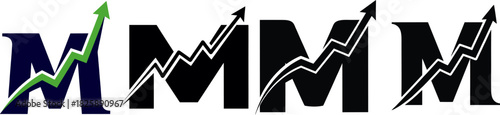 Dynamic business growth concept with an ascending arrow integrated into the letter M, symbolizing financial progress, market success, and upward trend development