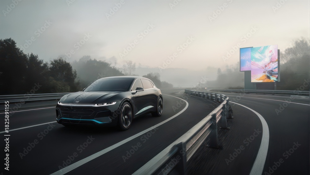 Fototapeta premium Dark electric SUV on a highway, scenic backdrop