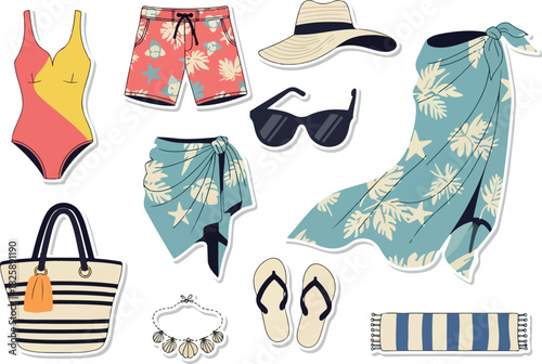 Colorful beach vacation essentials swimsuit, shorts, cover-up, and accessories