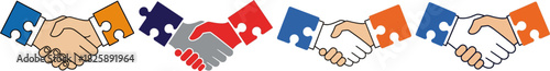 Handshake puzzle pieces representing teamwork, collaboration, partnership, and unity within a business environment
