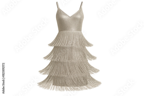 Elegant beige dress with tiered fringe isolated on transparent background, style