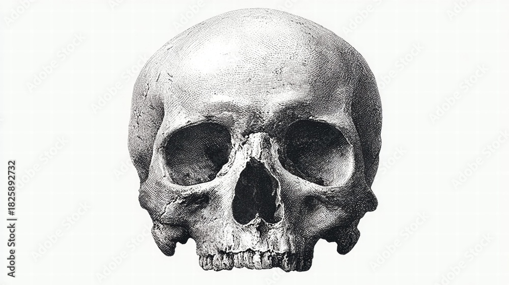Obraz premium Detailed etching of a human skull on a white background, perfect for medical or artistic use.
