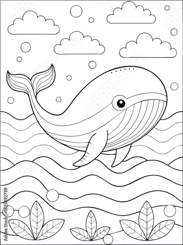 Cute cartoon whale swimming in ocean waves with clouds and plants, line art for children's coloring book