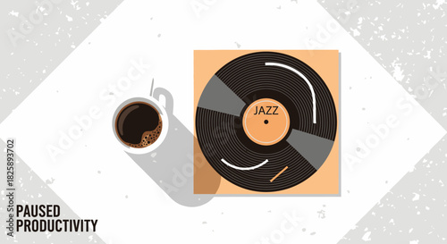 A warm cup of freshly brewed coffee sits beside a classic jazz vinyl record, evoking a serene atmosphere of musical relaxation and a perfect morning break.