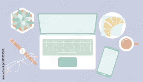 くすみカラーのワークデスクセット／ノートパソコンとクロワッサンの朝の仕事フラットレイ