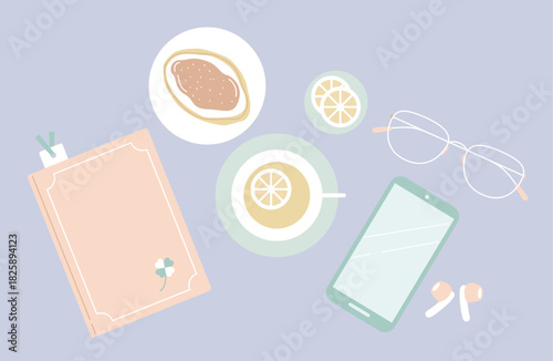 くすみカラーのブレイクタイムセット／日記帳とレモンティーのリラックスフラットレイ