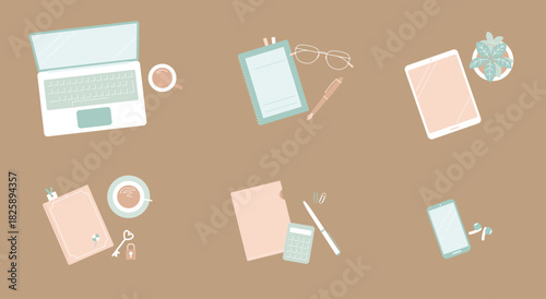 くすみカラーの俯瞰ビジネス小物セット（背景色あり）／ミニマルな6点フラットレイ