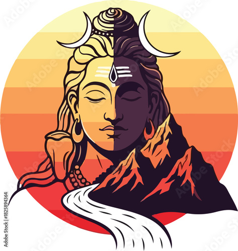Minimalist side‑view vector of Shiva where half the figure is human and half transforms into a mountain shape, with the Ganga river flowing from the hair as a simple curved line